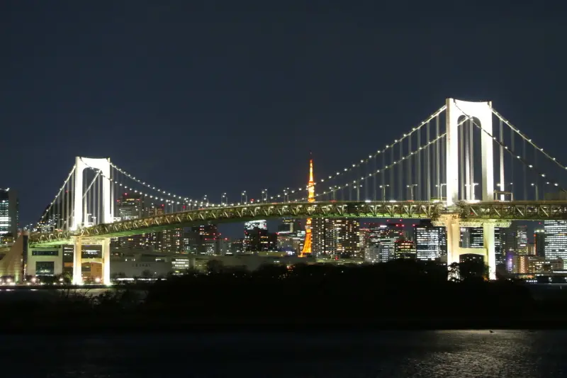 お台場を代表する夜景の東京タワーとレインボーブリッジ
