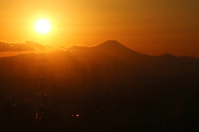 夕方、富士山の横に沈む太陽。ダイヤモンド冨士も見える場所