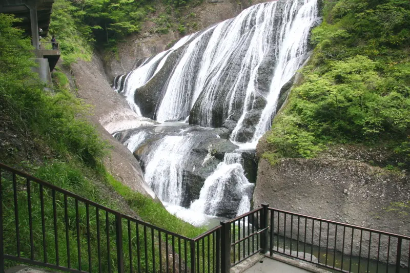 吊り橋の近くにあるスペースは滝をバックに記念写真に最適