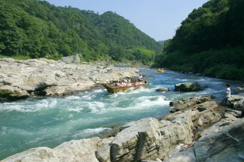 岩に覆われ、川の流れが速い小滝の瀬