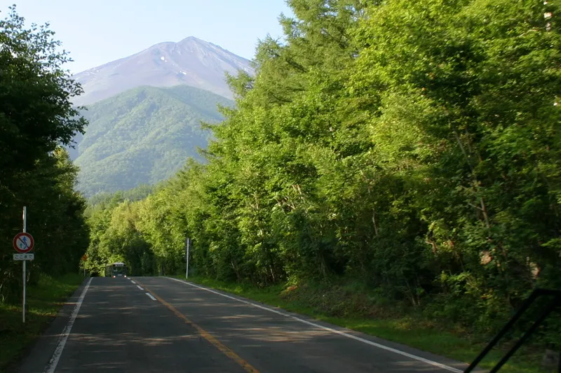 木々に覆われるスバルラインから時々、顔をのぞかせる富士山