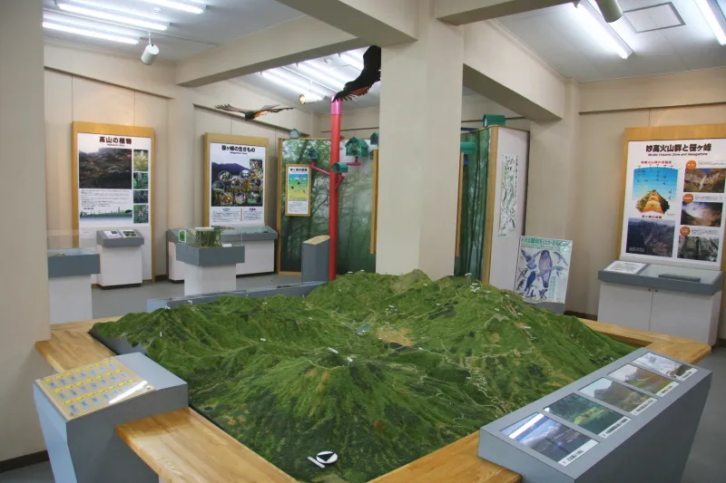 妙高山と火打山の模型が置かれる展示室の様子