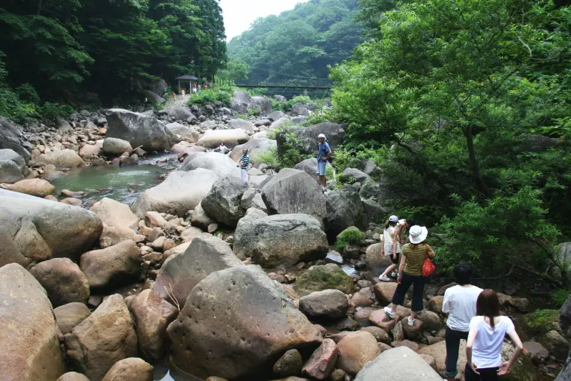 川に入り、岩場を歩くと滝壺まで行くことが可能