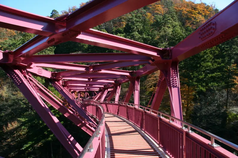 落ち着いたワインレッド色に塗られた斬新な形をした橋