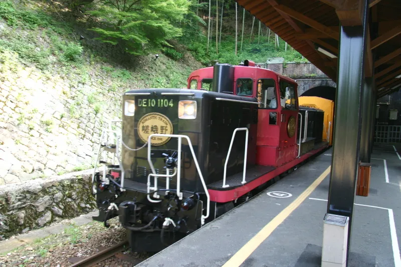 美しい保津川渓谷に沿って走る嵯峨野トロッコ列車