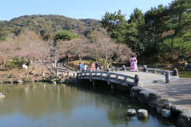丘や池を配置した回遊式庭園の円山公園