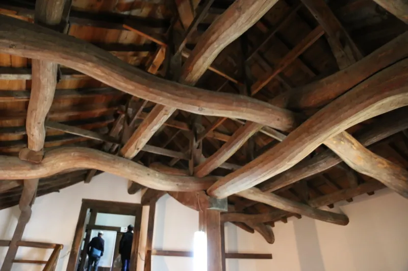 曲線を描く美しい梁が使用される天井の木組みは必見