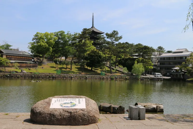 近くにある猿沢池から眺める五重塔は興福寺のビューポイント