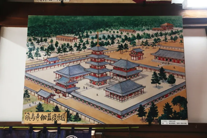 かつては五重の塔や回廊のある大寺院だった復原図