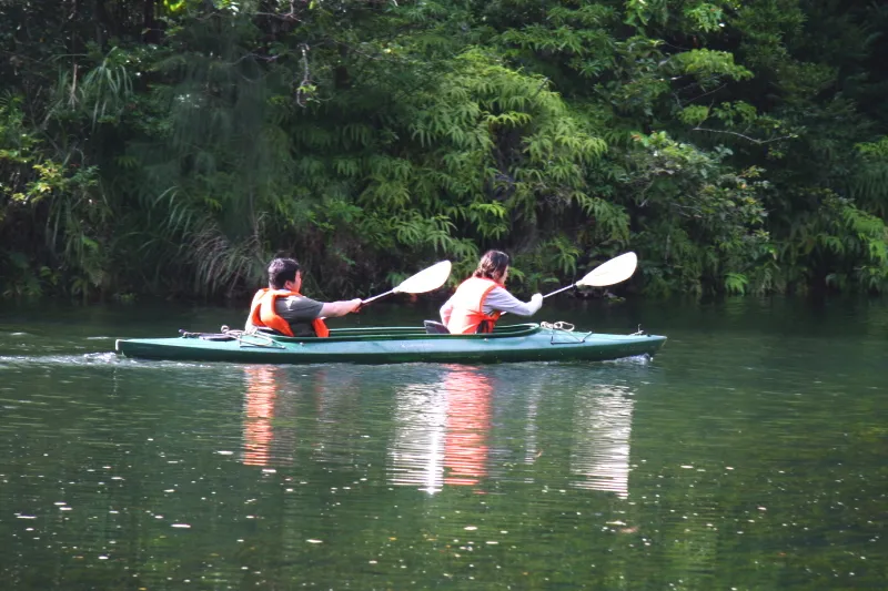 カヌーの貸し出しもあるため、静かな川をのんびりと自然散策
