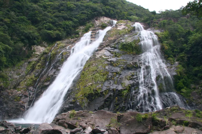 豪快に流れ落ちる部分と白糸のように流れる特徴的な滝