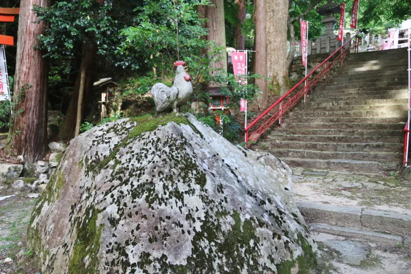 鶏の石像がまつられている参道の妙法石（鶏鳴石） 