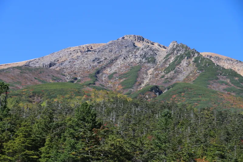 剣ヶ峰を拡大すると山頂付近は岩が露出する荒々しい光景 