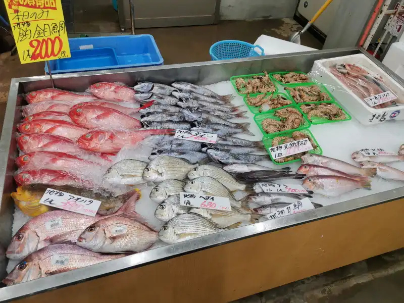 金目鯛や真鯛など地物の魚を販売する鮮魚コーナー