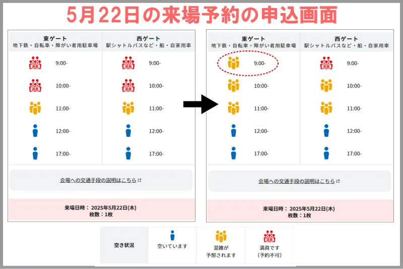 万博の来場予約画面、東ゲートの空き