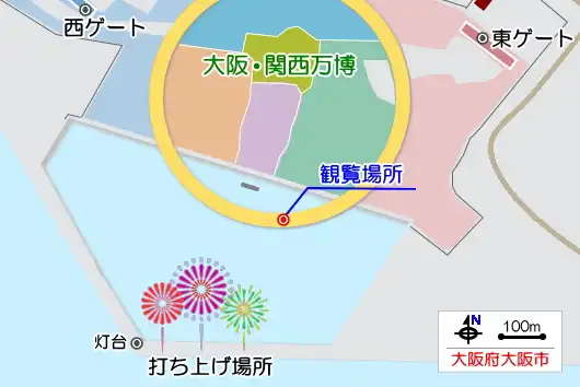 真っ正面から少し離れた場所で花火を観覧