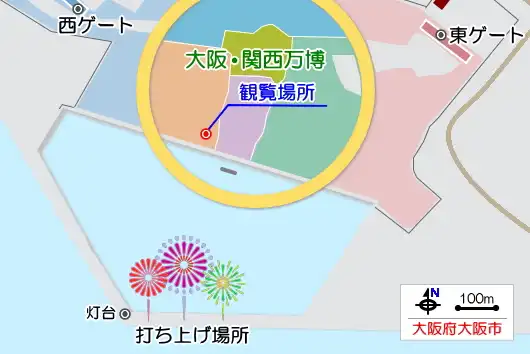 正面に花火が上がり、アンゴラ館の出口から鑑賞