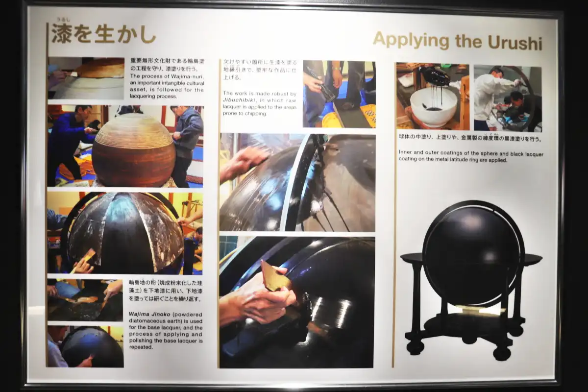 国の重要無形文化財に指定される輪島塗の漆塗りの紹介パネル